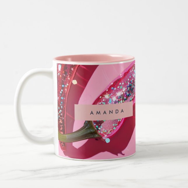 Personalized Sparkling Hot Pink Glitter Chili Two-Tone Coffee Mug (Left)