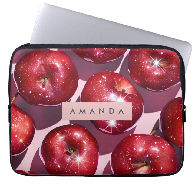 Personalized Sparkling Red Apple Pink Background Laptop Sleeve (Front)