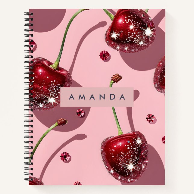 Personalized Sparkling Red Cherry Glam  Notebook (Front)