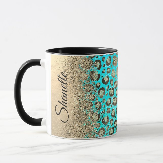 Personalized Sparkly Glittery Turquoise Leopard Mug (Left)