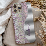Personalized Sparkly Pink Diamond Tiger Stripes iPhone 13 Case<br><div class="desc">This chic design features a digital image made up of sparkly iridescent diamond chips arranged in a pattern imitating tiger stripes in shimmering shades of pink and purple. A silver foil image on the right in the shape of a wave bordered with silver faux glitter provides the background for your...</div>