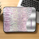 Personalized Sparkly Pink Diamond Tiger Stripes Laptop Sleeve<br><div class="desc">This chic design features a digital image made up of sparkly iridescent diamond chips arranged in a pattern imitating tiger stripes in shimmering shades of pink and purple. A silver foil image on the right in the shape of a wave bordered with silver faux glitter provides the background for your...</div>