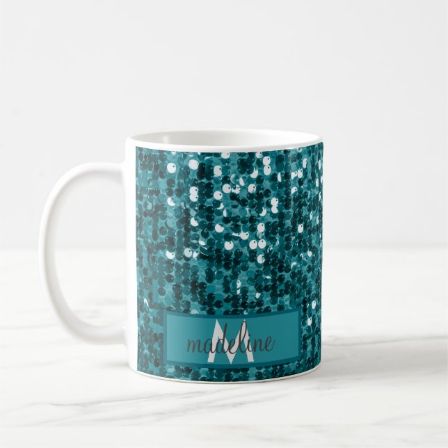 Personalized Sparkly Teal Sequin/Glitter Name Coffee Mug (Left)
