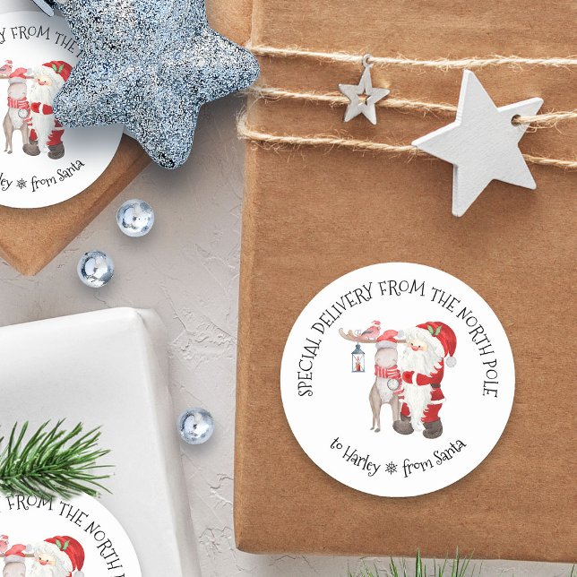 Personalized Special Delivery from North Pole Classic Round Sticker (Special Delivery from the NOrth Pole sticker from Santa - personalized with child's name)