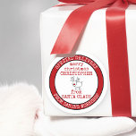Personalized Special Delivery from Santas Workshop Classic Round Sticker<br><div class="desc">Personalized Christmas stickers from Santa for children's gifts. Trendy typewriter typography design with doodle drawing of a red nosed reindeer. The template is set up ready for you to add your own message in the center - the sample wording reads "merry christmas [YOUR NAME] with love from SANTA". The stamp...</div>
