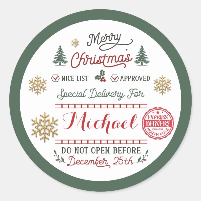 Personalized Special Delivery North Pole Santa Classic Round Sticker (Front)