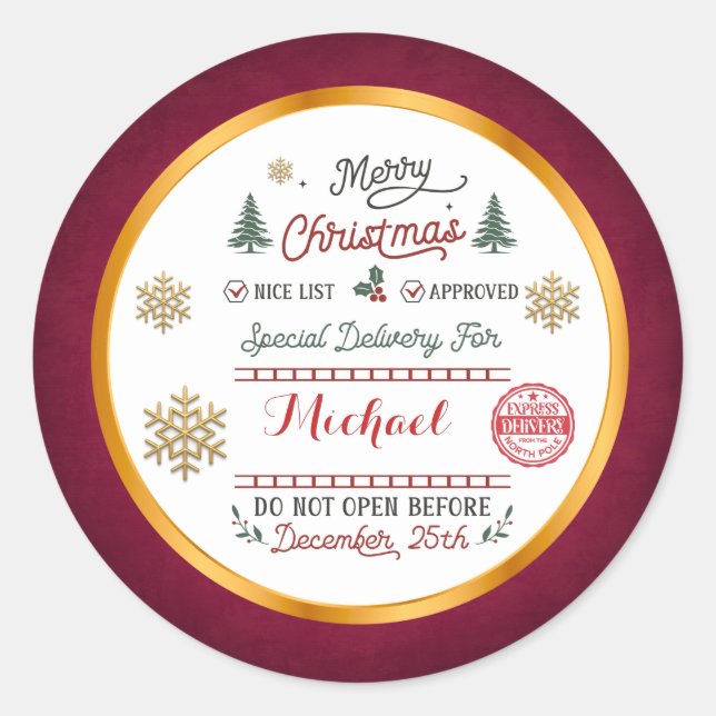 Personalized Special Delivery North Pole Santa Classic Round Sticker (Front)