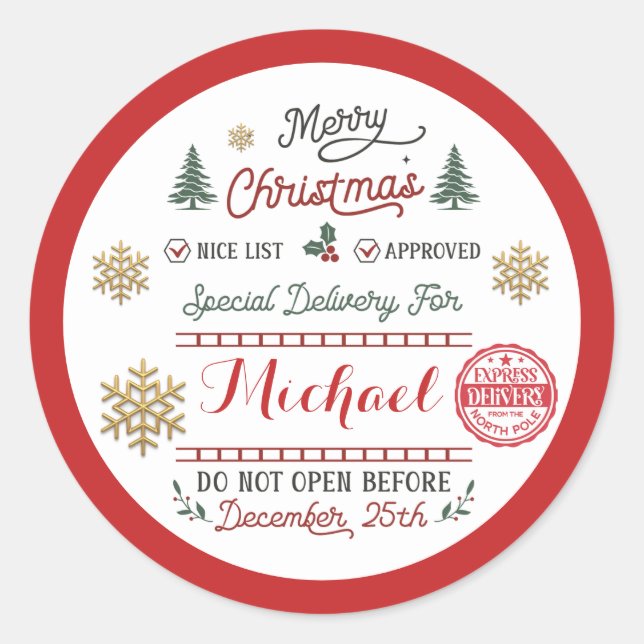 Personalized Special Delivery North Pole Santa Classic Round Sticker (Front)