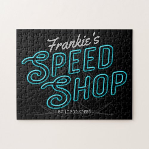 Personalized Speed Shop Custom Neon Hot Rod Garage Jigsaw Puzzle