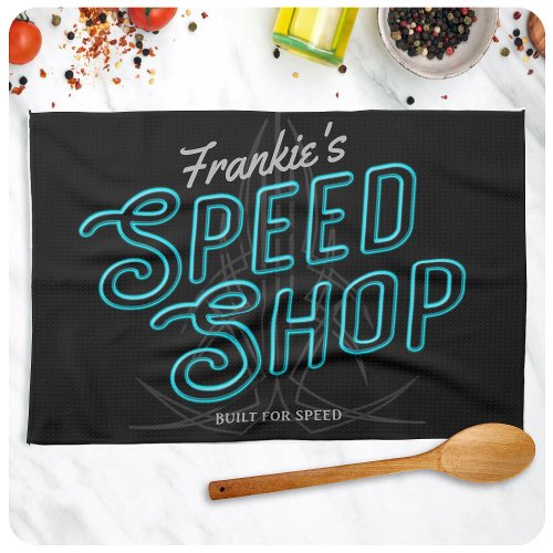 Personalized Speed Shop Custom Neon Hot Rod Garage Kitchen Towel