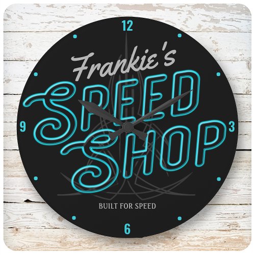 Personalized Speed Shop Custom Neon Hot Rod Garage Large Clock