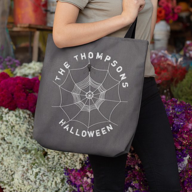 Personalized Spider Web Family Halloween Spooky Tote Bag (Personalized spider web Halloween tote bag with custom family name and spooky spider design.)
