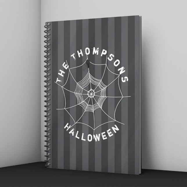 Personalized Spider Web Halloween Notebook (Personalized Halloween notebook with spider web and spider on dark striped background.)