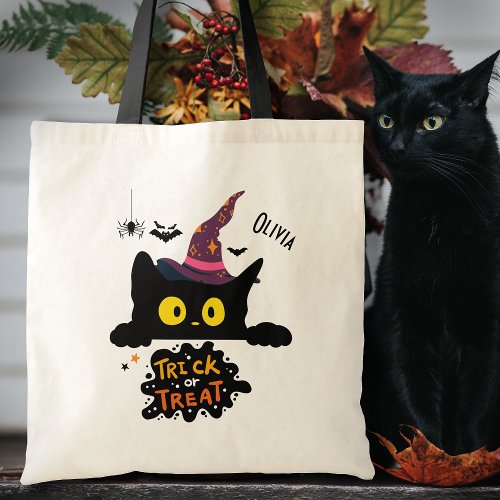 Personalized Spooky Black Cat Trick or Treat Tote Bag