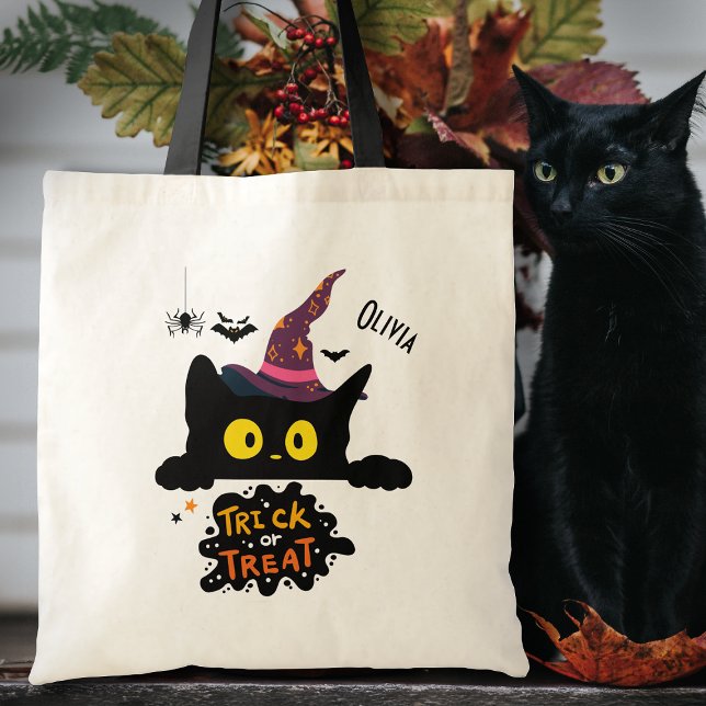 Personalized Spooky Black Cat Trick or Treat Tote Bag (Creator Uploaded)