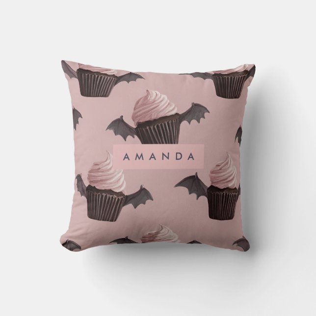 Personalized Spooky Cute Bat Cupcake Pattern Throw Pillow (Front)