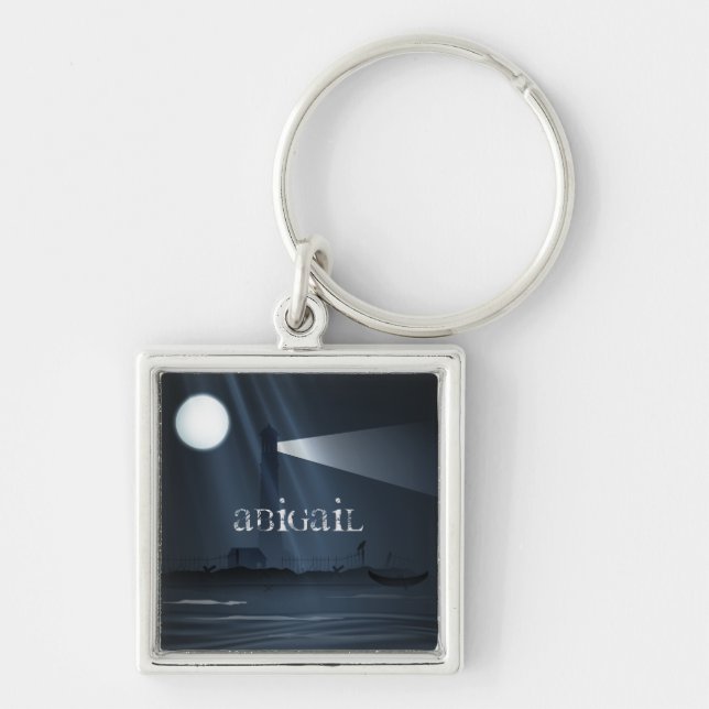 Personalized Spooky Lighthouse and Full Moon Night Keychain (Front)