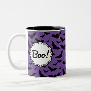 Personalized Spooky Purple Halloween Black Bats Two-Tone Coffee Mug