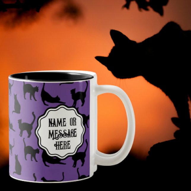 Personalized Spooky Purple Halloween Black Cats Two-Tone Coffee Mug (Personalize here!)