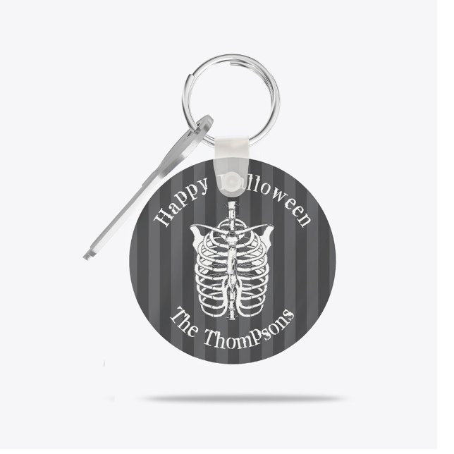 Personalized Spooky Skeleton Halloween Family Keychain (Personalized spooky skeleton Halloween keychain with gothic striped background design.)