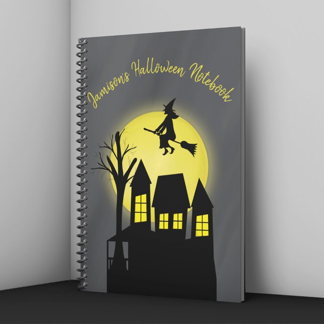 Personalized Spooky Witch Haunted House Halloween  Notebook (Spooky Halloween notebook with witch flying over haunted house and glowing full moon.)