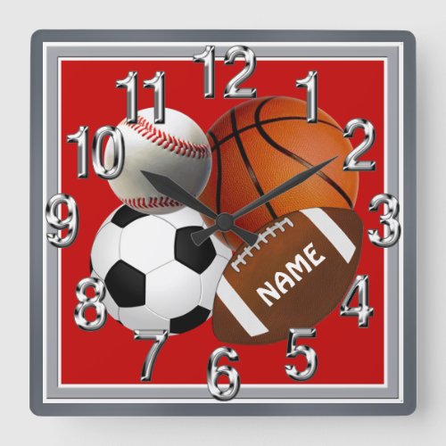 Personalized Sports Clock Your Name and Colors Square Wall Clock