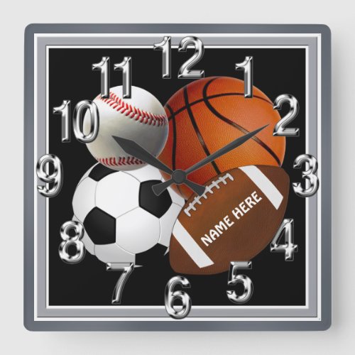 Personalized Sports Clock Your Name and Colors Square Wall Clock