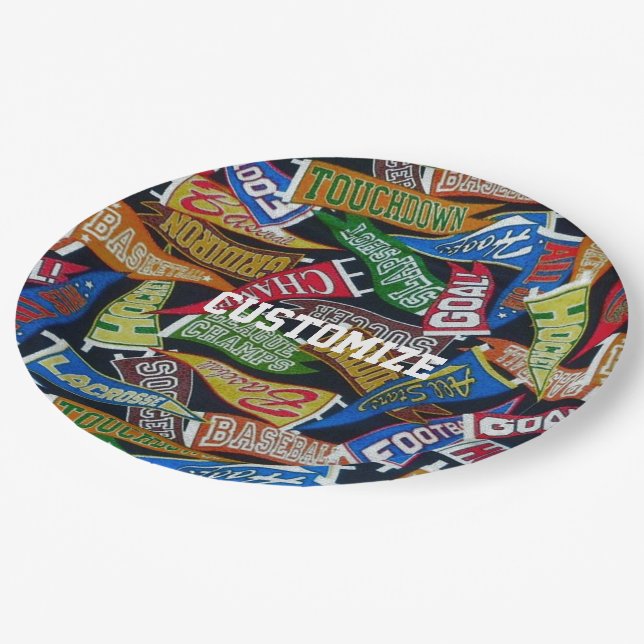 Personalized Sports Fan Pennant Pattern Paper Plates (Angled)