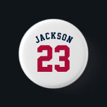 Personalized Sports Team Jersey Number Name Button<br><div class="desc">Personalized sports jersey with white editable number and name in retro seventies design style in red and blue on white</div>
