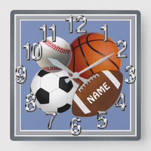 Personalized Sports themed Clock, Your Text, Color Square Wall Clock