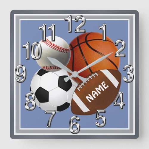Personalized Sports themed Clock Your Text Color Square Wall Clock