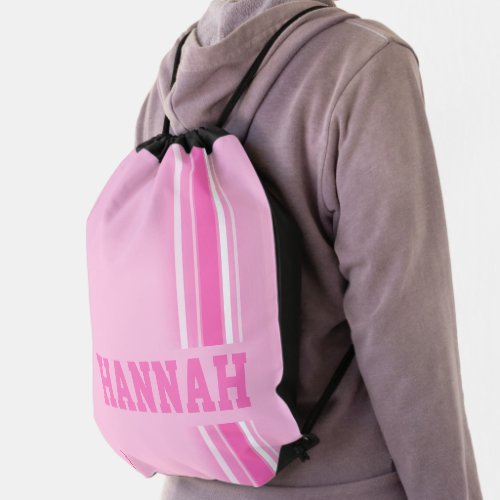 Personalized sporty pink stripe girls name drawstring bag