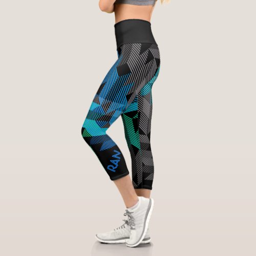 Personalized Sporty Stripes in Blue  Teal Black Capri Leggings