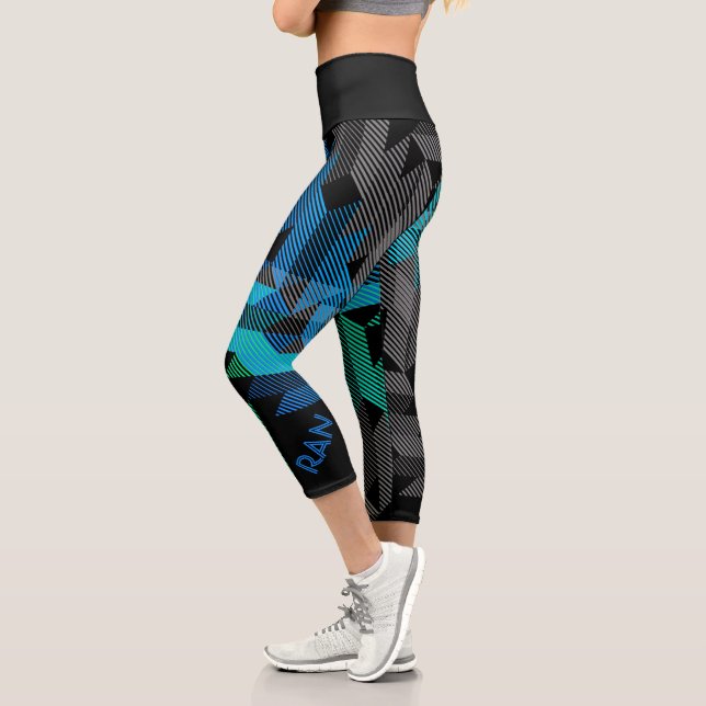 Personalized Sporty Stripes in Blue & Teal Black Capri Leggings (Left)