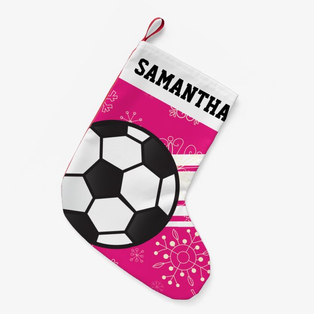Personalized Sporty Stripes Soccer Ball Pink Small Christmas Stocking (Front (Hanging))