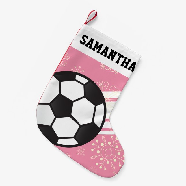 Personalized Sporty Stripes Soccer Ball Pink Small Christmas Stocking (Front (Hanging))