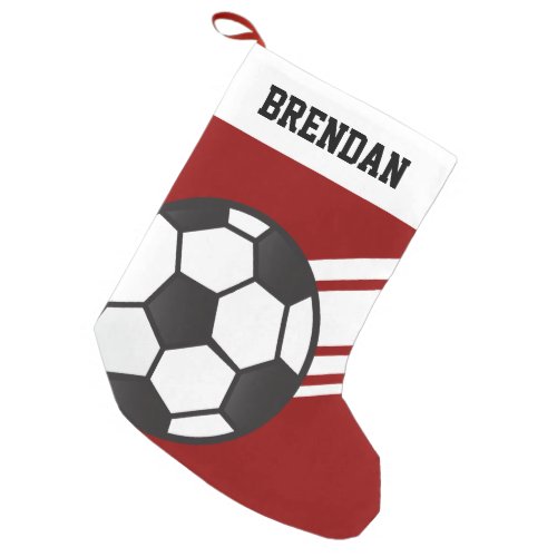 Personalized Sporty Stripes Soccer Ball Red Small Christmas Stocking