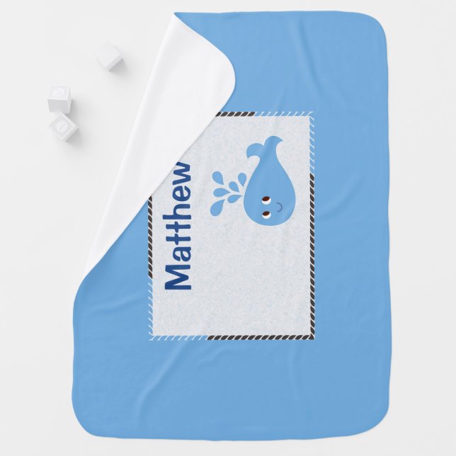 Personalized Spouting Whale on Blue with Name Baby Blanket (In Situ)