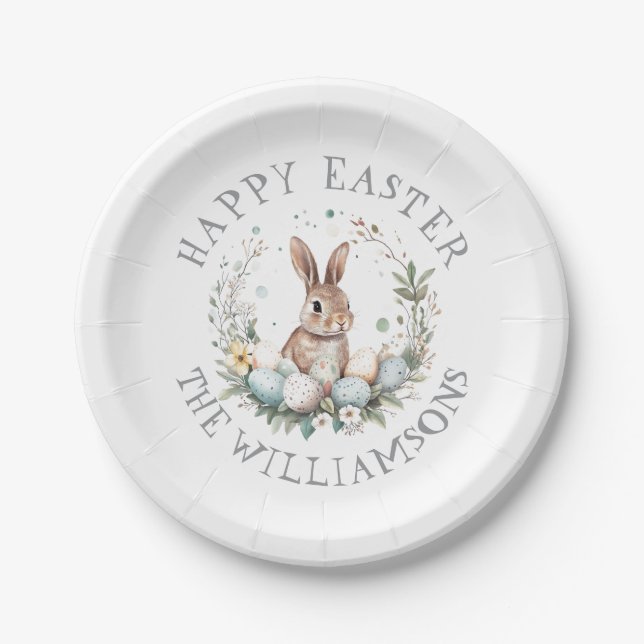  Personalized Spring Bunny Easter Eggs Garland Paper Plates (Front)