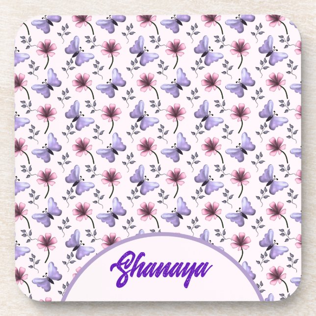 Personalized Spring Butterfly Floral Gift   Beverage Coaster (Front)