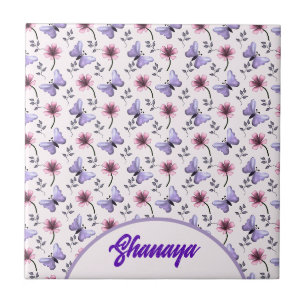 Personalized Spring Butterfly Floral Gift Ceramic Tile