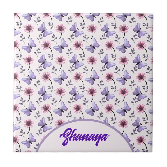 Personalized Spring Butterfly Floral Gift   Ceramic Tile (Front)