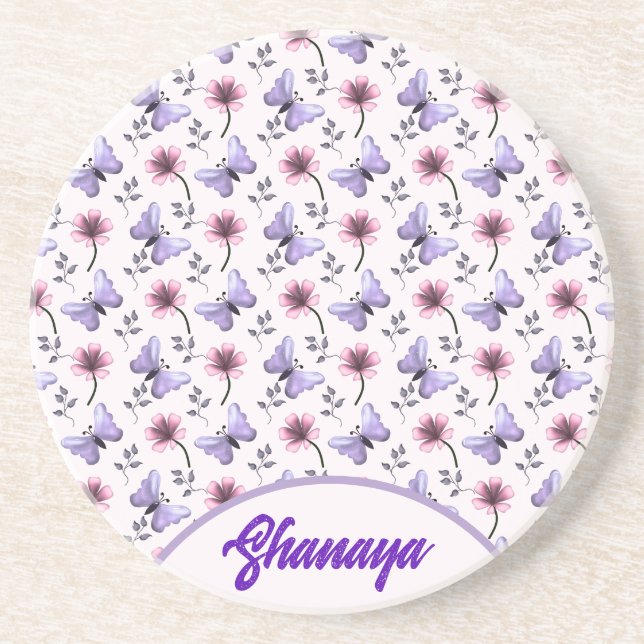 Personalized Spring Butterfly Floral Gift   Coaster (Front)