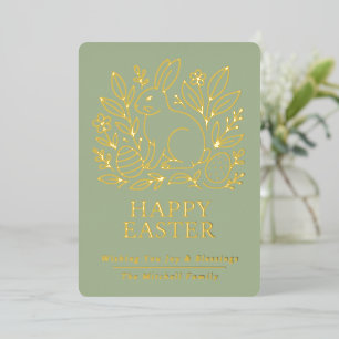 Personalized Spring Easter Bunny Gold Floral Foil Holiday Card
