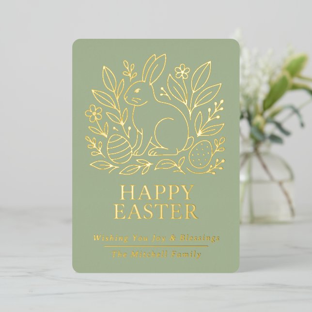 Personalized Spring Easter Bunny Gold Floral Foil Holiday Card (Standing Front)