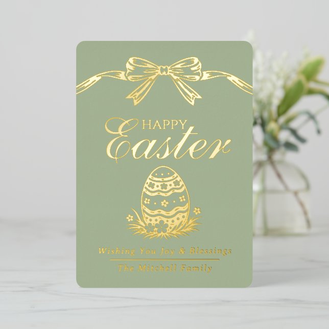 Personalized Spring Easter Egg Gold Bow Foil Holiday Card (Standing Front)