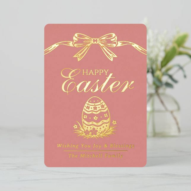 Personalized Spring Easter Egg Gold Bow Foil Holiday Card (Standing Front)