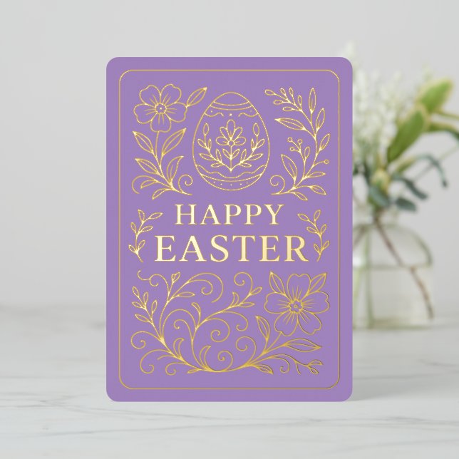 Personalized Spring Easter Egg Gold Floral Foil Holiday Card (Standing Front)