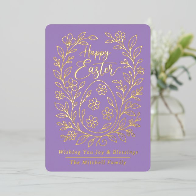 Personalized Spring Easter Egg Gold Floral Foil Holiday Card (Standing Front)