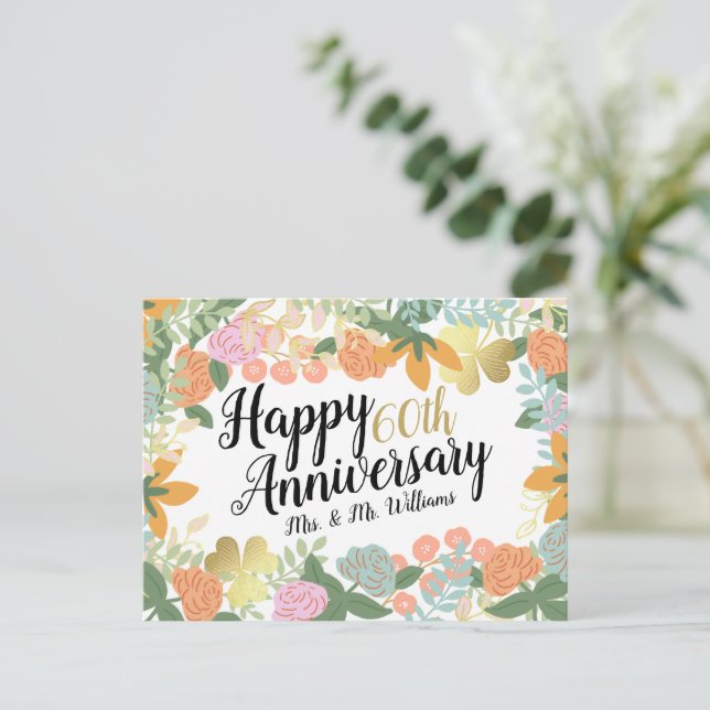 Personalized Spring Floral Happy 60th Anniversary  Postcard (Standing Front)
